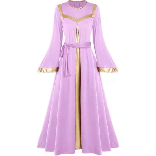 Women Gold Metallic Bell Long Sleeve Praise Dance Dress with Waistband Liturgical Dancewear Church Robe Worship CostumeLight Purple