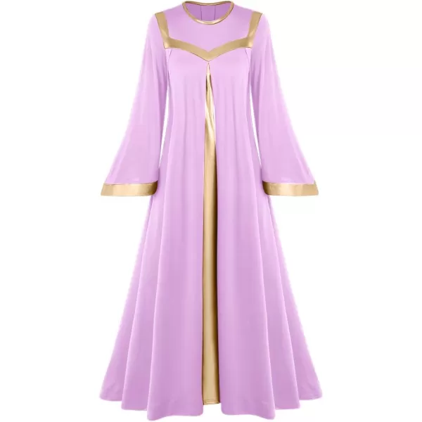 Women Gold Metallic Bell Long Sleeve Praise Dance Dress with Waistband Liturgical Dancewear Church Robe Worship CostumeLight Purple