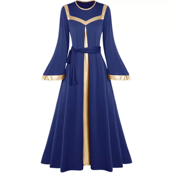 Women Gold Metallic Bell Long Sleeve Praise Dance Dress with Waistband Liturgical Dancewear Church Robe Worship CostumeNavy Blue