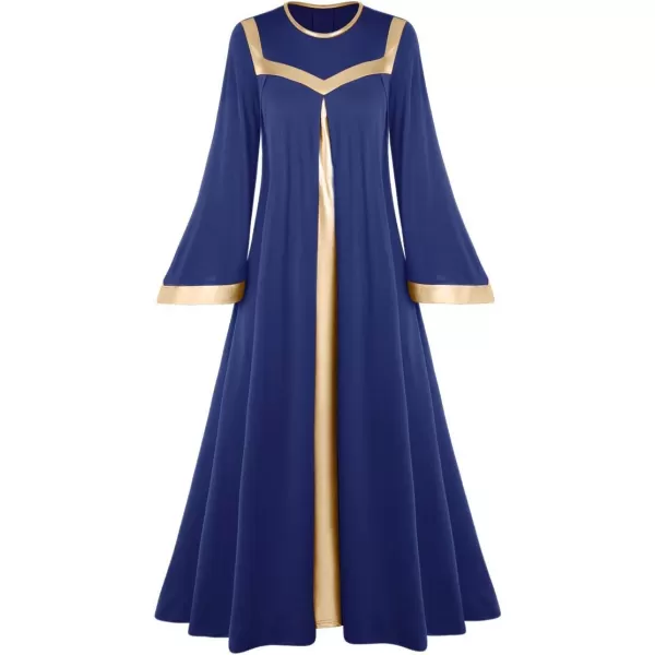 Women Gold Metallic Bell Long Sleeve Praise Dance Dress with Waistband Liturgical Dancewear Church Robe Worship CostumeNavy Blue