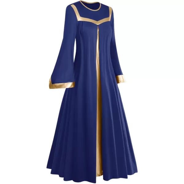 Women Gold Metallic Bell Long Sleeve Praise Dance Dress with Waistband Liturgical Dancewear Church Robe Worship CostumeNavy Blue