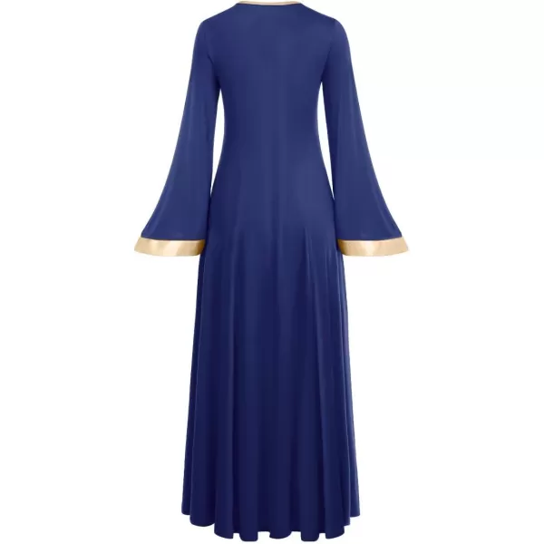 Women Gold Metallic Bell Long Sleeve Praise Dance Dress with Waistband Liturgical Dancewear Church Robe Worship CostumeNavy Blue