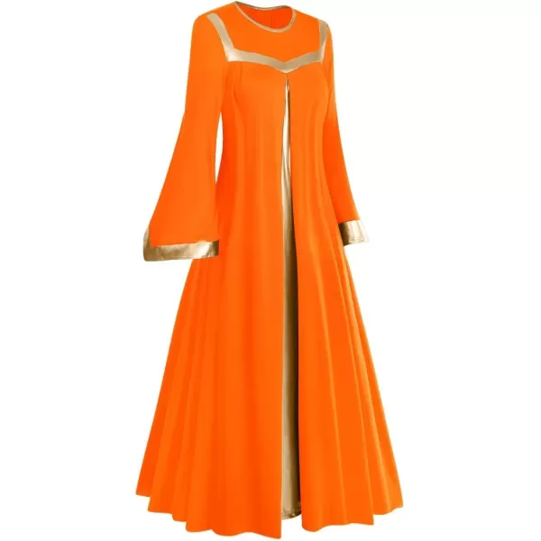 Women Gold Metallic Bell Long Sleeve Praise Dance Dress with Waistband Liturgical Dancewear Church Robe Worship CostumeOrange