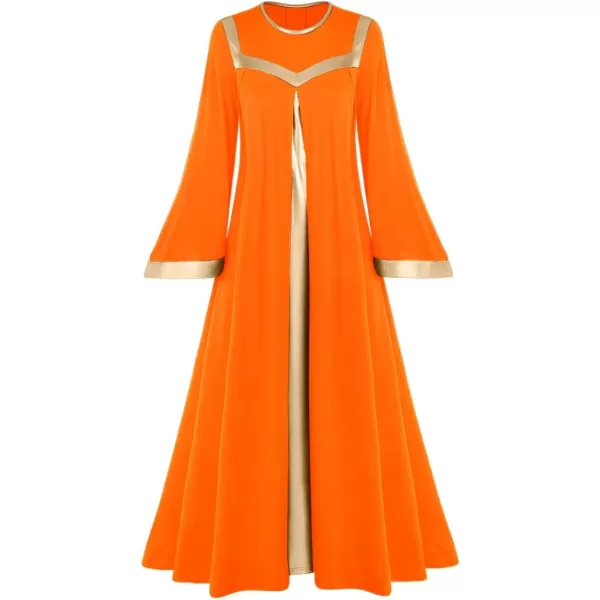 Women Gold Metallic Bell Long Sleeve Praise Dance Dress with Waistband Liturgical Dancewear Church Robe Worship CostumeOrange