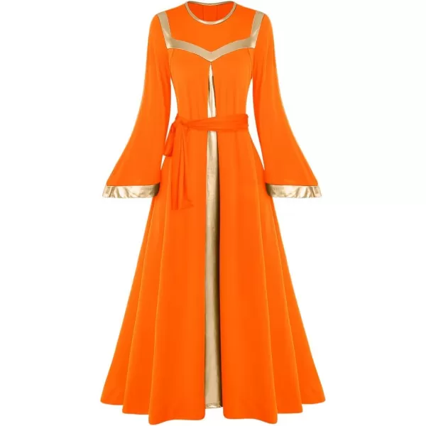 Women Gold Metallic Bell Long Sleeve Praise Dance Dress with Waistband Liturgical Dancewear Church Robe Worship CostumeOrange