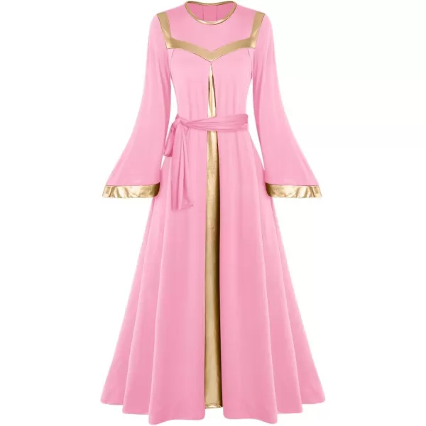 Women Gold Metallic Bell Long Sleeve Praise Dance Dress with Waistband Liturgical Dancewear Church Robe Worship CostumePink