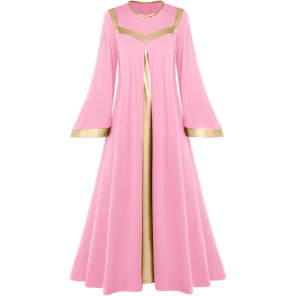 Women Gold Metallic Bell Long Sleeve Praise Dance Dress with Waistband Liturgical Dancewear Church Robe Worship CostumePink