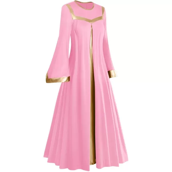 Women Gold Metallic Bell Long Sleeve Praise Dance Dress with Waistband Liturgical Dancewear Church Robe Worship CostumePink