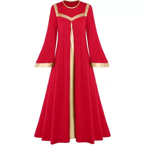 Women Gold Metallic Bell Long Sleeve Praise Dance Dress with Waistband Liturgical Dancewear Church Robe Worship CostumeRed