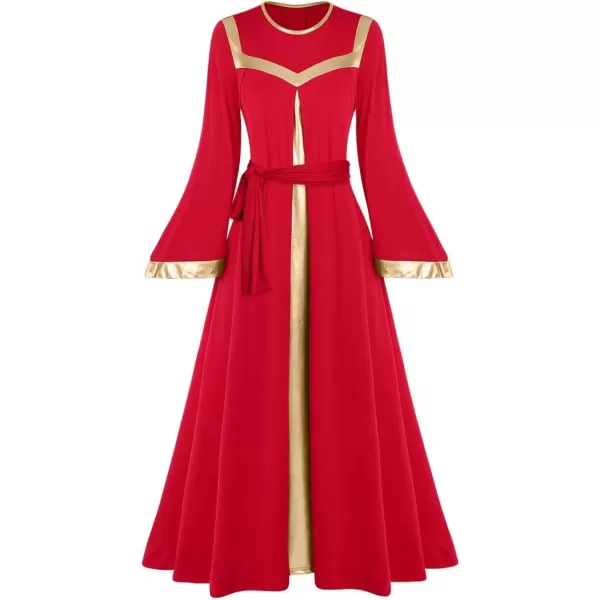 Women Gold Metallic Bell Long Sleeve Praise Dance Dress with Waistband Liturgical Dancewear Church Robe Worship CostumeRed