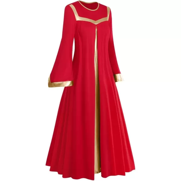 Women Gold Metallic Bell Long Sleeve Praise Dance Dress with Waistband Liturgical Dancewear Church Robe Worship CostumeRed