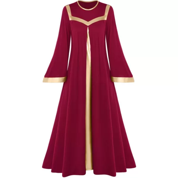 Women Gold Metallic Bell Long Sleeve Praise Dance Dress with Waistband Liturgical Dancewear Church Robe Worship CostumeWine Red