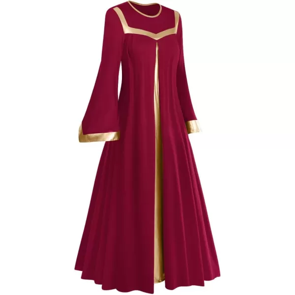 Women Gold Metallic Bell Long Sleeve Praise Dance Dress with Waistband Liturgical Dancewear Church Robe Worship CostumeWine Red