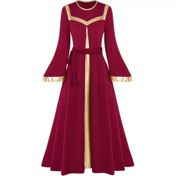 Women Gold Metallic Bell Long Sleeve Praise Dance Dress with Waistband Liturgical Dancewear Church Robe Worship CostumeWine Red