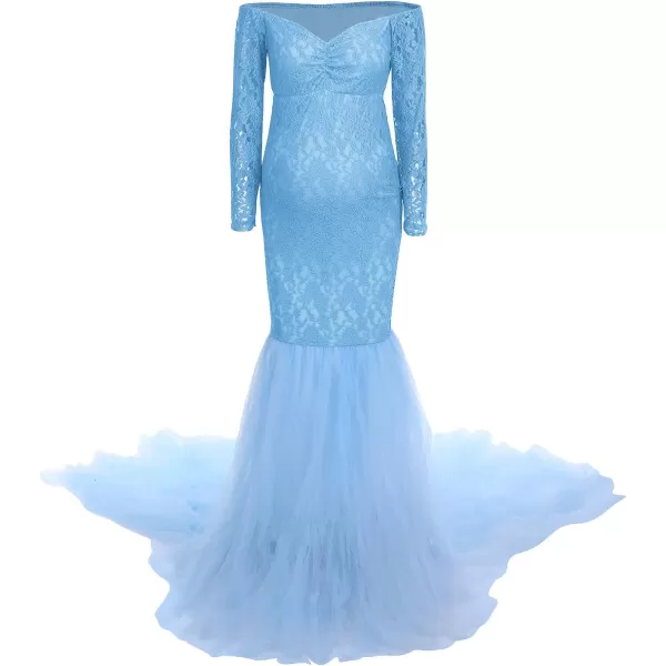 Women Long Sleeve Off Shoulder Lace Maternity Dress for Photography Baby Shower with Mermaid Tulle Gown for PhotoshootBlue