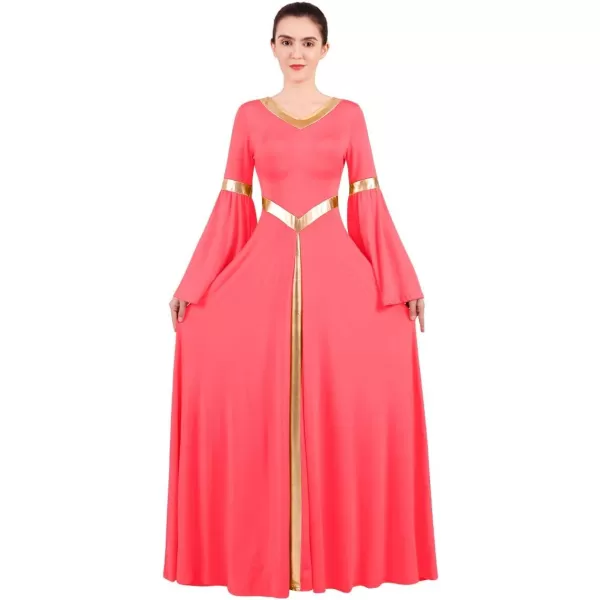 Women Metallic Bell Long Sleeve Praise Dance Dress Loose Fit Full Length Liturgical Lyrical Dancewear Worship CostumeFluorescent Orange
