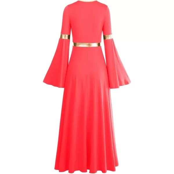 Women Metallic Bell Long Sleeve Praise Dance Dress Loose Fit Full Length Liturgical Lyrical Dancewear Worship CostumeFluorescent Orange