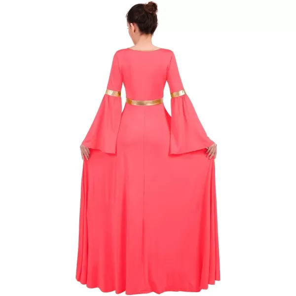 Women Metallic Bell Long Sleeve Praise Dance Dress Loose Fit Full Length Liturgical Lyrical Dancewear Worship CostumeFluorescent Orange