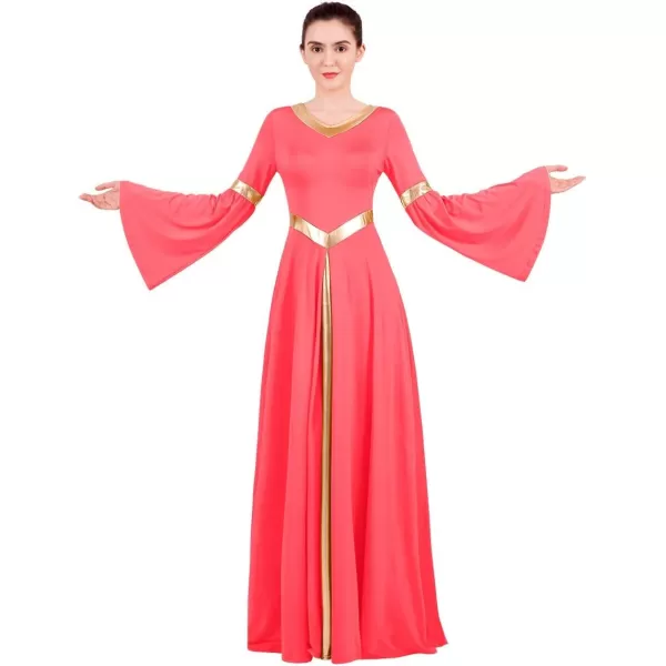 Women Metallic Bell Long Sleeve Praise Dance Dress Loose Fit Full Length Liturgical Lyrical Dancewear Worship CostumeFluorescent Orange