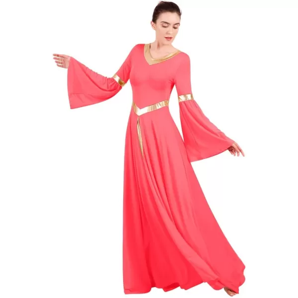 Women Metallic Bell Long Sleeve Praise Dance Dress Loose Fit Full Length Liturgical Lyrical Dancewear Worship CostumeFluorescent Orange