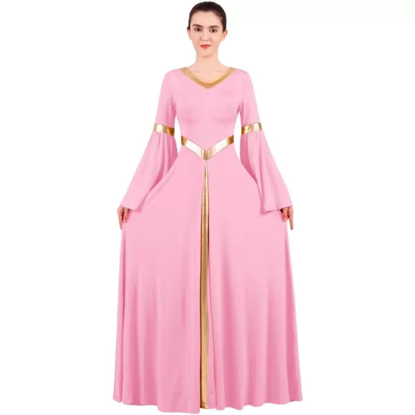 Women Metallic Bell Long Sleeve Praise Dance Dress Loose Fit Full Length Liturgical Lyrical Dancewear Worship CostumePink