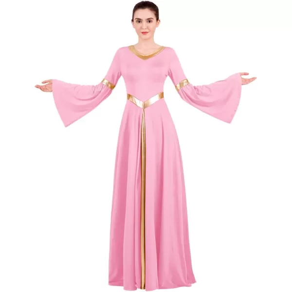 Women Metallic Bell Long Sleeve Praise Dance Dress Loose Fit Full Length Liturgical Lyrical Dancewear Worship CostumePink