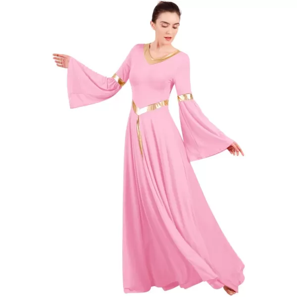 Women Metallic Bell Long Sleeve Praise Dance Dress Loose Fit Full Length Liturgical Lyrical Dancewear Worship CostumePink