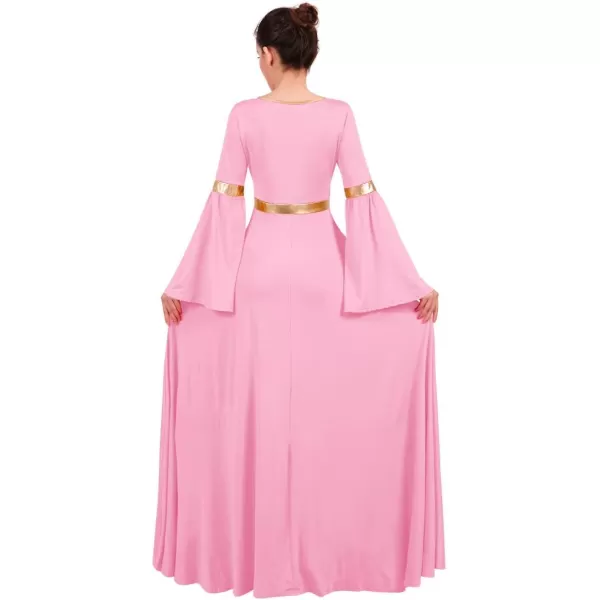 Women Metallic Bell Long Sleeve Praise Dance Dress Loose Fit Full Length Liturgical Lyrical Dancewear Worship CostumePink