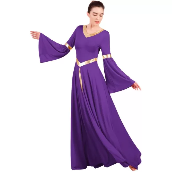 Women Metallic Bell Long Sleeve Praise Dance Dress Loose Fit Full Length Liturgical Lyrical Dancewear Worship CostumePurple