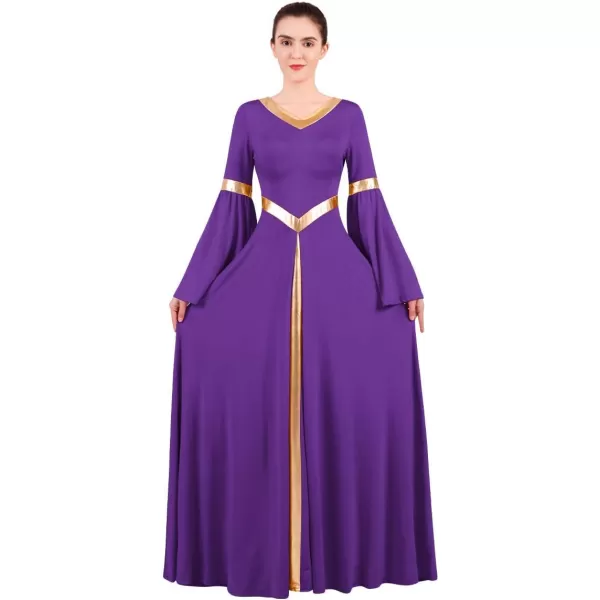 Women Metallic Bell Long Sleeve Praise Dance Dress Loose Fit Full Length Liturgical Lyrical Dancewear Worship CostumePurple