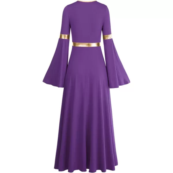 Women Metallic Bell Long Sleeve Praise Dance Dress Loose Fit Full Length Liturgical Lyrical Dancewear Worship CostumePurple