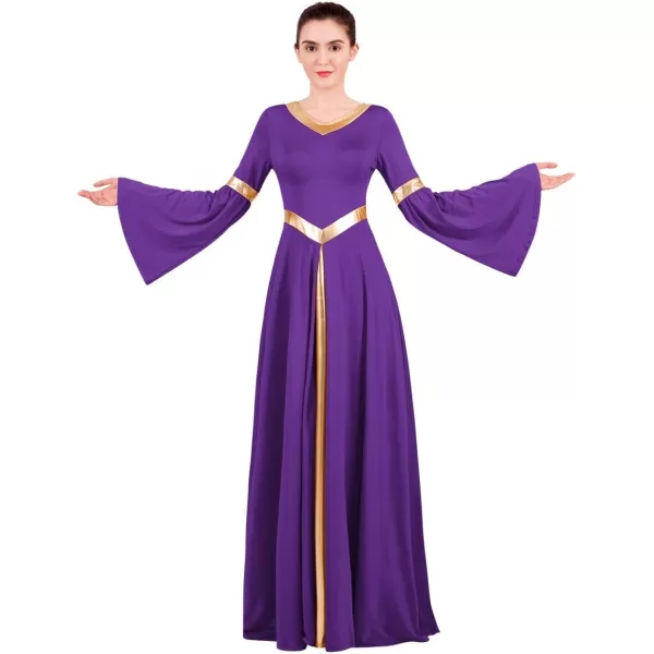 Women Metallic Bell Long Sleeve Praise Dance Dress Loose Fit Full Length Liturgical Lyrical Dancewear Worship CostumePurple