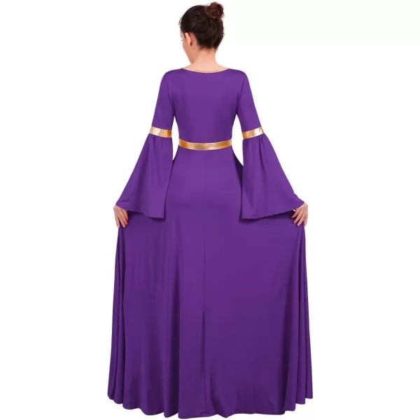 Women Metallic Bell Long Sleeve Praise Dance Dress Loose Fit Full Length Liturgical Lyrical Dancewear Worship CostumePurple