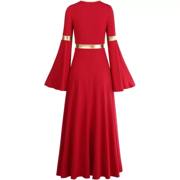 Women Metallic Bell Long Sleeve Praise Dance Dress Loose Fit Full Length Liturgical Lyrical Dancewear Worship CostumeRed