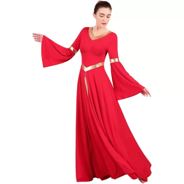 Women Metallic Bell Long Sleeve Praise Dance Dress Loose Fit Full Length Liturgical Lyrical Dancewear Worship CostumeRed