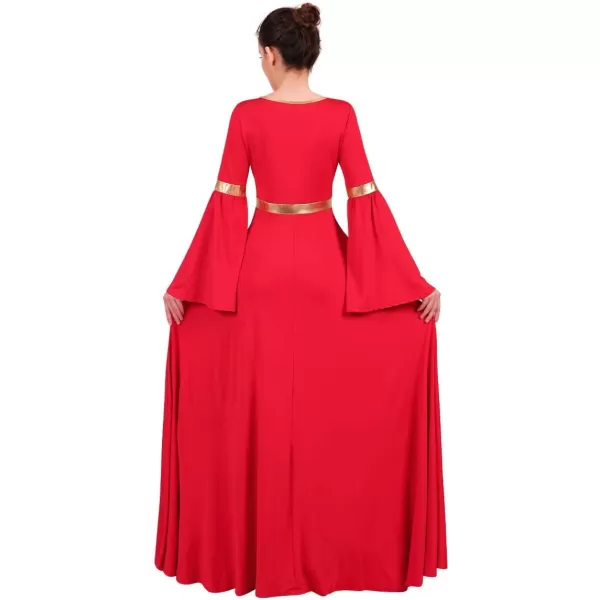 Women Metallic Bell Long Sleeve Praise Dance Dress Loose Fit Full Length Liturgical Lyrical Dancewear Worship CostumeRed