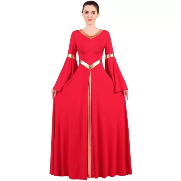 Women Metallic Bell Long Sleeve Praise Dance Dress Loose Fit Full Length Liturgical Lyrical Dancewear Worship CostumeRed