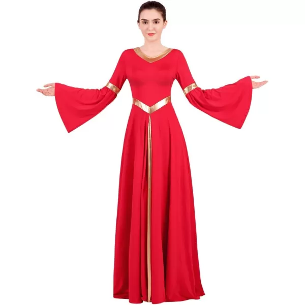 Women Metallic Bell Long Sleeve Praise Dance Dress Loose Fit Full Length Liturgical Lyrical Dancewear Worship CostumeRed