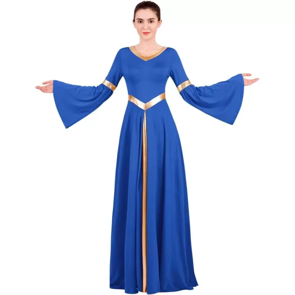 Women Metallic Bell Long Sleeve Praise Dance Dress Loose Fit Full Length Liturgical Lyrical Dancewear Worship CostumeRoyal Blue