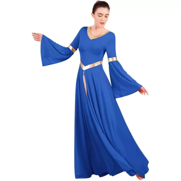 Women Metallic Bell Long Sleeve Praise Dance Dress Loose Fit Full Length Liturgical Lyrical Dancewear Worship CostumeRoyal Blue