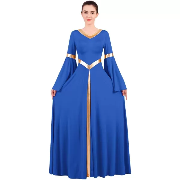 Women Metallic Bell Long Sleeve Praise Dance Dress Loose Fit Full Length Liturgical Lyrical Dancewear Worship CostumeRoyal Blue