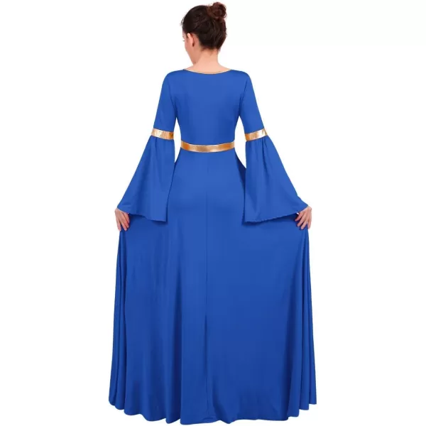 Women Metallic Bell Long Sleeve Praise Dance Dress Loose Fit Full Length Liturgical Lyrical Dancewear Worship CostumeRoyal Blue