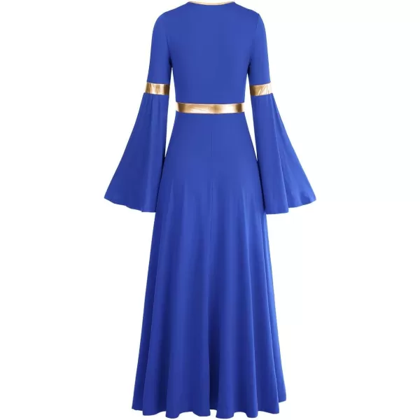 Women Metallic Bell Long Sleeve Praise Dance Dress Loose Fit Full Length Liturgical Lyrical Dancewear Worship CostumeRoyal Blue