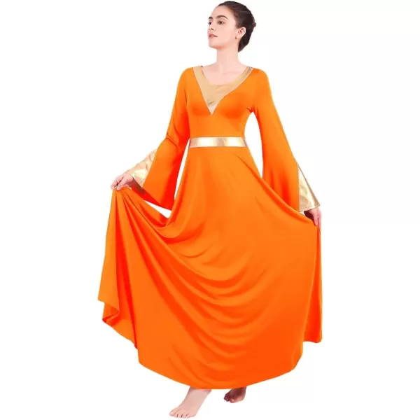 Women Metallic Color Block Liturgical Praise Lyrical Dance Dress Bell Long Sleeve Church Dancewear Gown Worship CostumeOrange