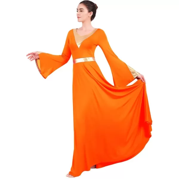 Women Metallic Color Block Liturgical Praise Lyrical Dance Dress Bell Long Sleeve Church Dancewear Gown Worship CostumeOrange