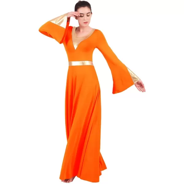 Women Metallic Color Block Liturgical Praise Lyrical Dance Dress Bell Long Sleeve Church Dancewear Gown Worship CostumeOrange