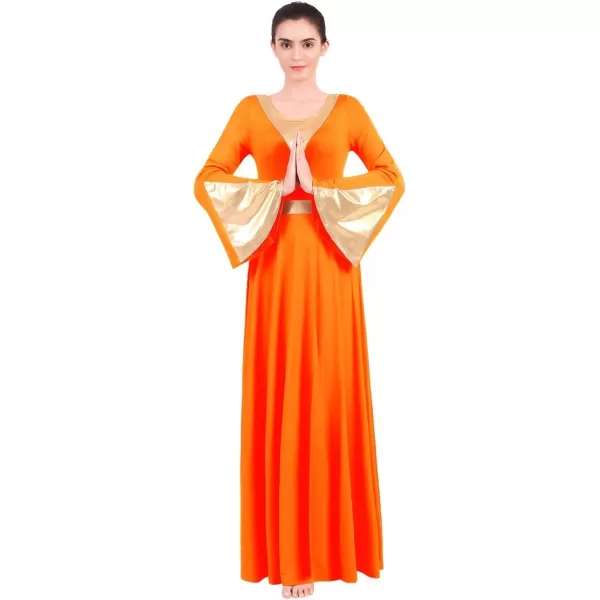 Women Metallic Color Block Liturgical Praise Lyrical Dance Dress Bell Long Sleeve Church Dancewear Gown Worship CostumeOrange