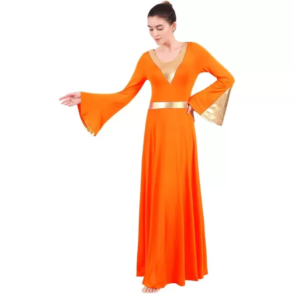 Women Metallic Color Block Liturgical Praise Lyrical Dance Dress Bell Long Sleeve Church Dancewear Gown Worship CostumeOrange