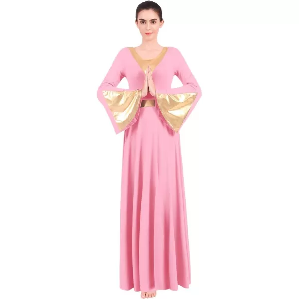 Women Metallic Color Block Liturgical Praise Lyrical Dance Dress Bell Long Sleeve Church Dancewear Gown Worship CostumePink