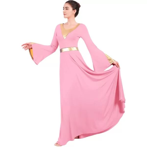 Women Metallic Color Block Liturgical Praise Lyrical Dance Dress Bell Long Sleeve Church Dancewear Gown Worship CostumePink